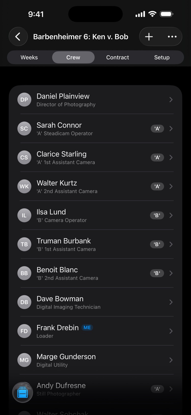 TimeCardRobot crew roster with per-crew-member details on iPhone