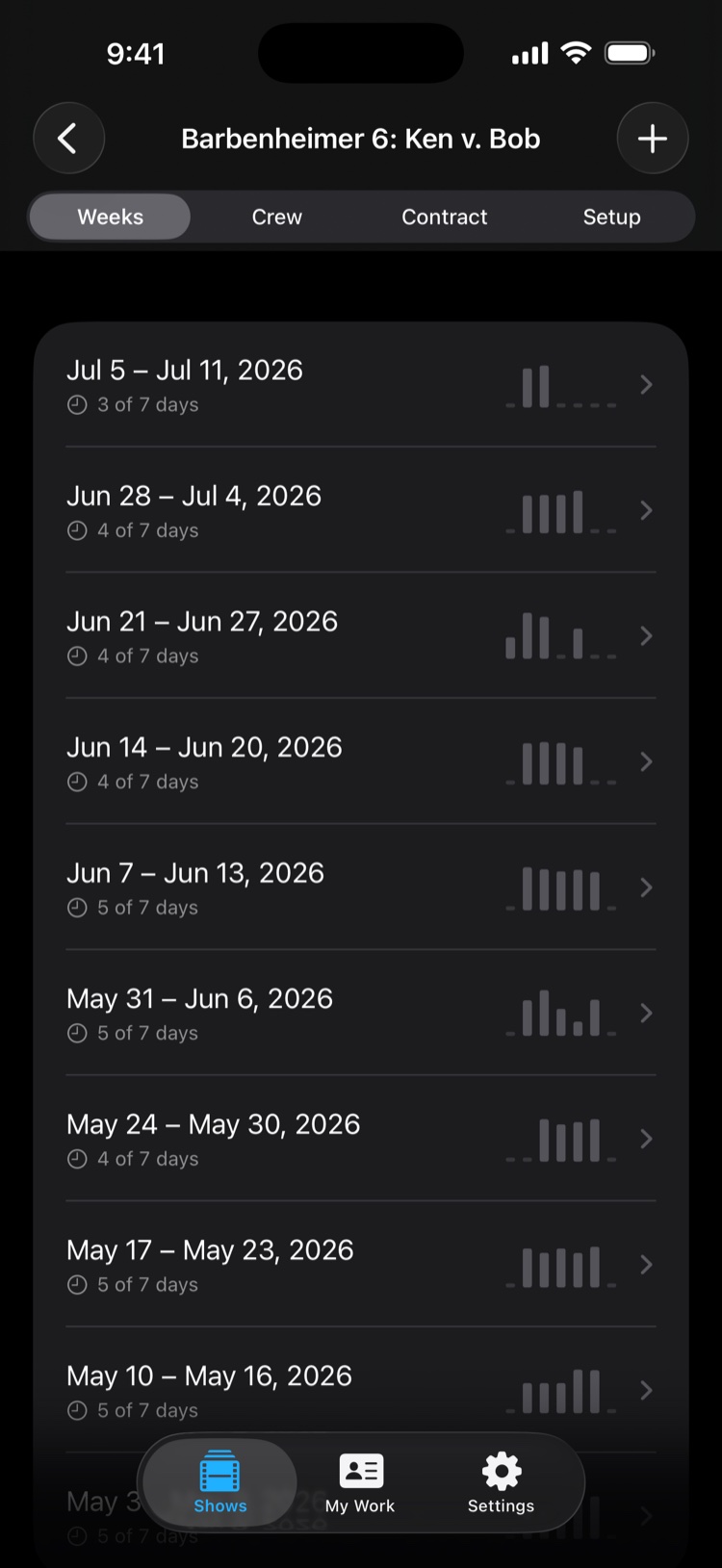 TimeCardRobot weekly per-crew breakdown on iPhone