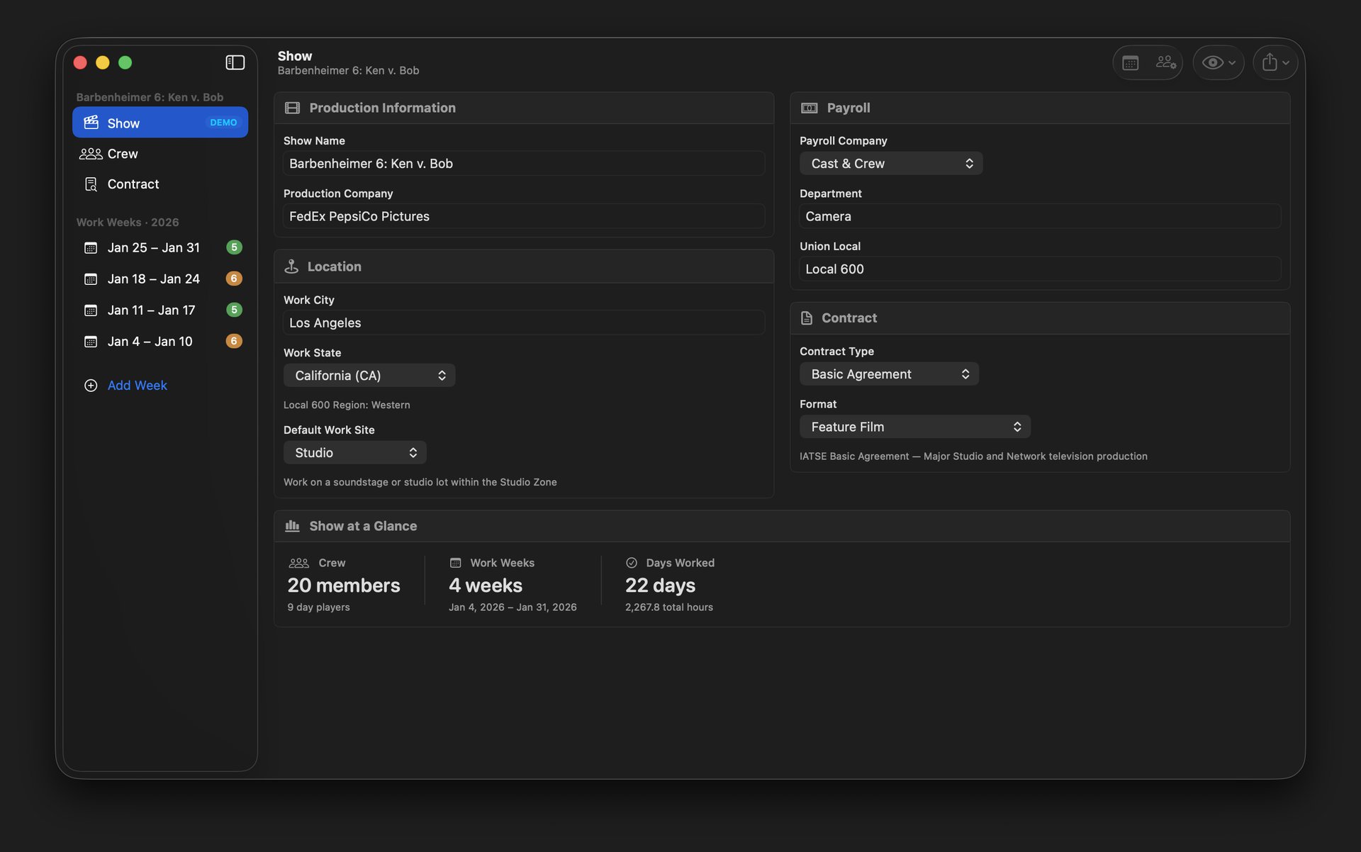 TimeCardRobot production setup — contract type, payroll company, and work location